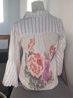 Aratta White Striped Top with Pink & Purple Floral Embroidery